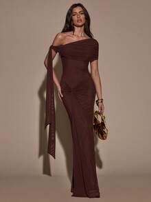 SHEIN BAE Women's Solid Color Asymmetric Twist Bodycon Summer Elegant Dress,Summer Dresses For Women - Coffee Brown - View 3
