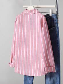 SHEIN 1件女童翻领长袖纽扣竖条纹刺绣图案休闲衬衫，秋季款 - 粉色 - 查看 2