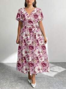 Modelyn Casual Minimalist Retro Floral Pattern Loose Plus Size Dress, Suitable For Autumn/Winter - Multicolor - View 4