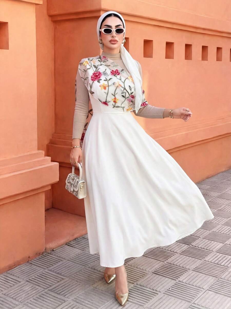 Elenzga Vestido largo con escote asimétrico de estilo francés elegante, borde acampanado, bordado de malla, para uso versátil diario, primavera/verano - Albaricoque - Ver 1