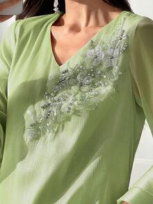 SHEIN Najma Đầm kiểu Ả Rập cổ chữ V đính cườm, tay bồng xếp lớp họa tiết hoa dành cho nữ, thích hợp cho mùa xuân/hè. - màu xanh lá - Xem 3