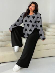 Solflare 两件套加大码女式爱心印花宽松圆领T恤和直筒裤 - 彩色 - 查看 6