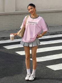 Muchica 女士针织休闲运动撞色T恤 - 粉色 - 查看 4