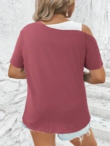 EMERY ROSE Plus Size Summer Casual Contrast Color Asymmetric Collar T-Shirt - Redwood - View 2