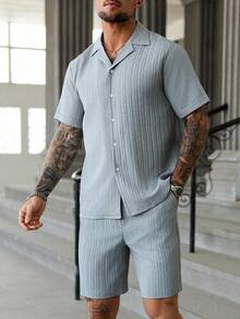 Manfinity Homme Men's Mature Vacation Casual Front Button Shirt And Shorts Set - Light Grey - View 7
