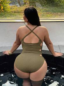 Swim SXY 2026款加大码连体泳衣，夏季沙滩镂空抽绳侧吊带性感连体泳装 - 棕色 - 查看 2