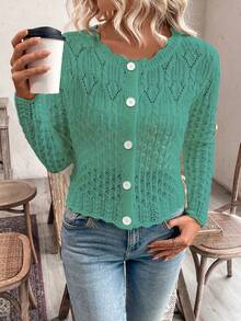 EMERY ROSE Women's Round Neck Hollow Front Button Cardigan, Autumn/Winter Knitted Sweater Jacket - Mint Green - View 4