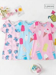 1 paquete de vestido de punto con estampado de conejito de manga corta, pijama para niñas bebé, primavera/verano - Rosa - Ver 1