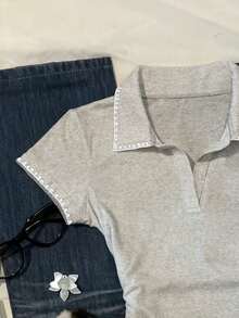 Glimmora T-shirt décontracté à manches courtes avec bordure contrastée pour femmes, été - Gris - Voir 3