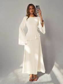 Aloruh Women's Elegant Off-Shoulder Flare Sleeve Ruffle Cinched Waist Back Dress, Beige - Beige - View 9
