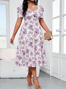 SHEIN Lady 大码女士时尚优雅甜心领花瓣袖连衣裙 - 彩色 - 查看 6