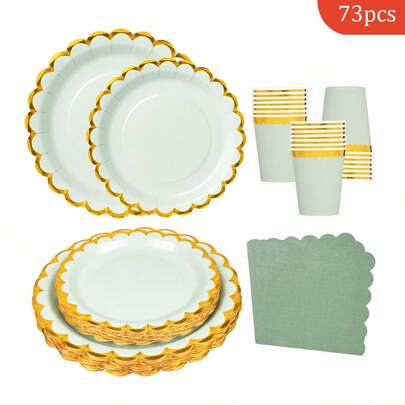 Sage Green Hot Stamping Border Petal Shaped Disposable Plates, Napkins, Paper Cups, Disposable Party Supplies Set, Suitable For 16 Guests, Suitable For Birthdays, Weddings, Theme Parties, Family Picnics, Disposable Plates, Party Utensils