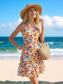 Sylviya Vestido feminino casual de férias com amarração nas costas e decote nas costas - Multicolorido - Ver 3