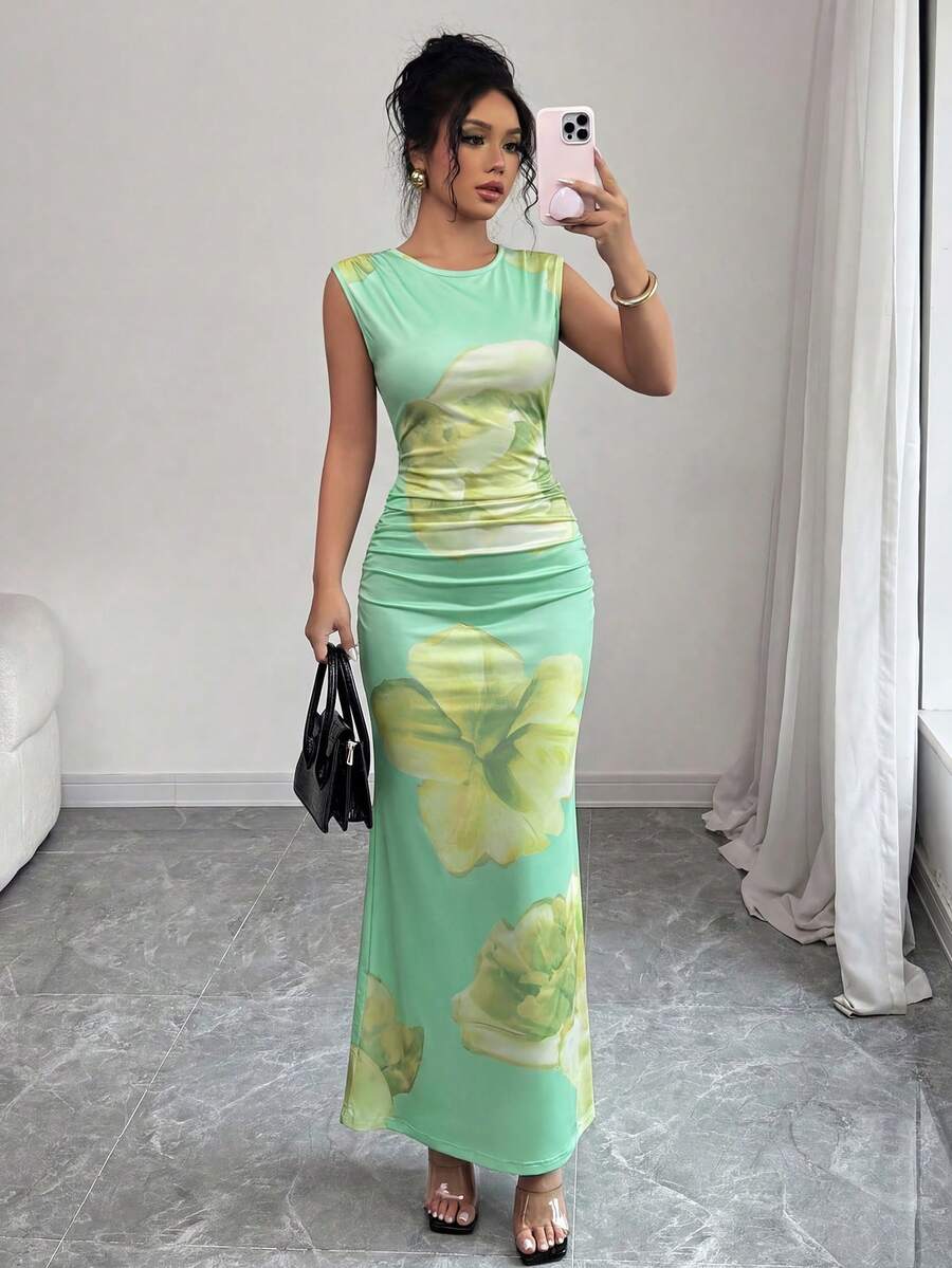 Elenzga Carnival Purple Vacation Round Neck Sleeveless Floral Print Elegant Waist Fitted Ruffle Hem Dress For Women - Multicolor - View 1