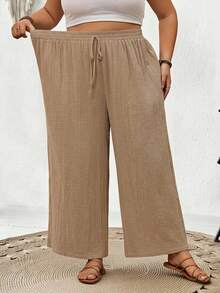 SHEIN CURVE+ Plus Size Women's Solid Color Drawstring Waist Casual Versatile Wide Leg Pants For Daily Wear - Khaki - View 3