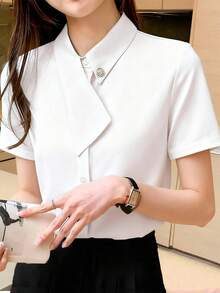 EMERY ROSE 女士不对称领百搭优雅短袖衬衫，适合工作、春夏穿着 - 白色 - 查看 3