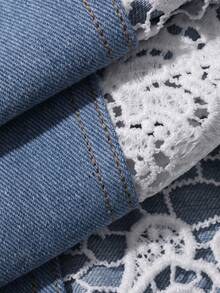 DAZY 西部牛仔风撞色蕾丝A字裙，休闲度假夏季女式牛仔裙 - 藍色 - 查看 7