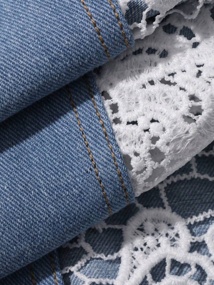 Western Cowgirl Contrast Lace A-Line Skirt, Casual Vacation Summer Denim Skirt For Women