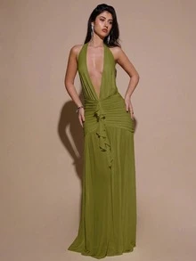 SHEIN BAE 性感简约纯色奶油黄深V领露背紧身褶皱网纱连衣裙，适合派对、鸡尾酒会、正式场合、伴娘、生日、圣诞节、商务休闲等场合，优雅女士礼服 - 橄欖綠 - 查看 6
