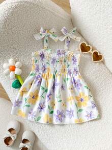 SHEIN Playful Pals 女童无袖褶皱彩色中长连衣裙，休闲公主风，适合度假和聚会 - 彩色 - 查看 3