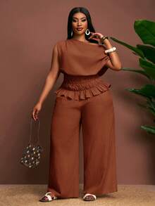 Veslaya Bộ trang phục 2 mảnh cao cấp màu mơ thanh lịch gồm áo không tay cổ lệch eo và quần ống rộng - Gỗ đỏ - Xem 9