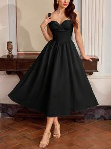 Vintamour Vintage elegantes Damenkleid mit Taschen, Bustier-Kleid mit Herzausschnitt, plissiert, Lässig Urlaubsparty-Kleid, Sommerkleid für Damen, Sommerurlaubs-Outfit, Frühlingsoutfit für Damen, Frühlingskleid für Damen, Frühlingsbreak-Outfit, Valentinstag, Valentinstagkleid, elegante Kleider für Partys, Kleider für Damen, elegante Partykleider, Partyoutfit, Hochzeitsgast-Kleid für Damen, Hochzeitsparty-Kleid, elegante Kleider für Damen, elegantes langes Kleid - Schwarz - Übersicht 4