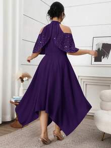 Modelyn Plus Size Elegant Rhinestone Embellished Cold-Shoulder Halter Dress, Summer - Purple - View 2