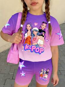 女童夏季休闲卡通人物渐变印花T恤和短裤套装 - 彩色 - 查看 1