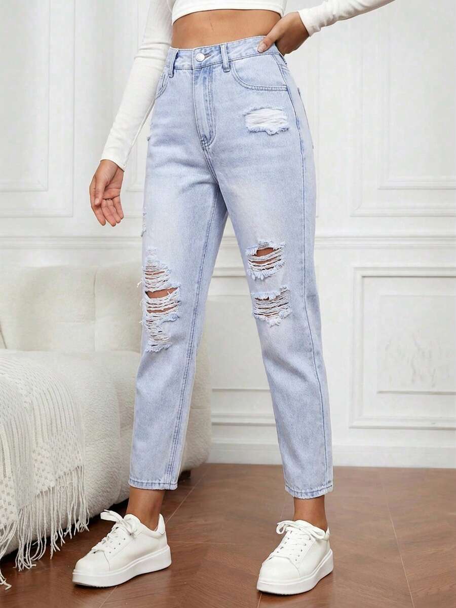 Flexra Quần jean denim bạc màu rách rưới thường ngày