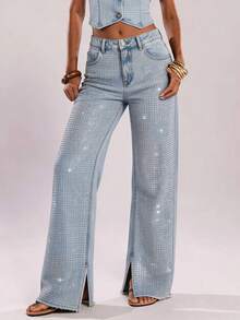 SHEIN BAE Jeans de mezclilla con incrustaciones de strass para mujer - Azul - Ver 4