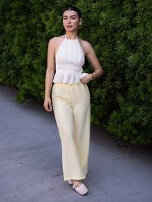 Andrea Bello 女士打褶饅頭領系腰後開背背心 - 米色 - 查看 1