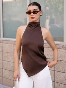 Andrea Bello Blusa de mujer con cuello halter y espalda descubierta, elegante para fiestas, ir al trabajo y vacaciones, de verano - Marrón - Ver 6