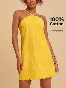 Travachic Đầm mini không tay thêu họa tiết, cổ yếm, viền bèo nhún dành cho nữ năm 2026, thích hợp cho kỳ nghỉ, hẹn hò, đi biển, du lịch, tiệc tùng, ăn trưa. - Màu vàng - Xem 6