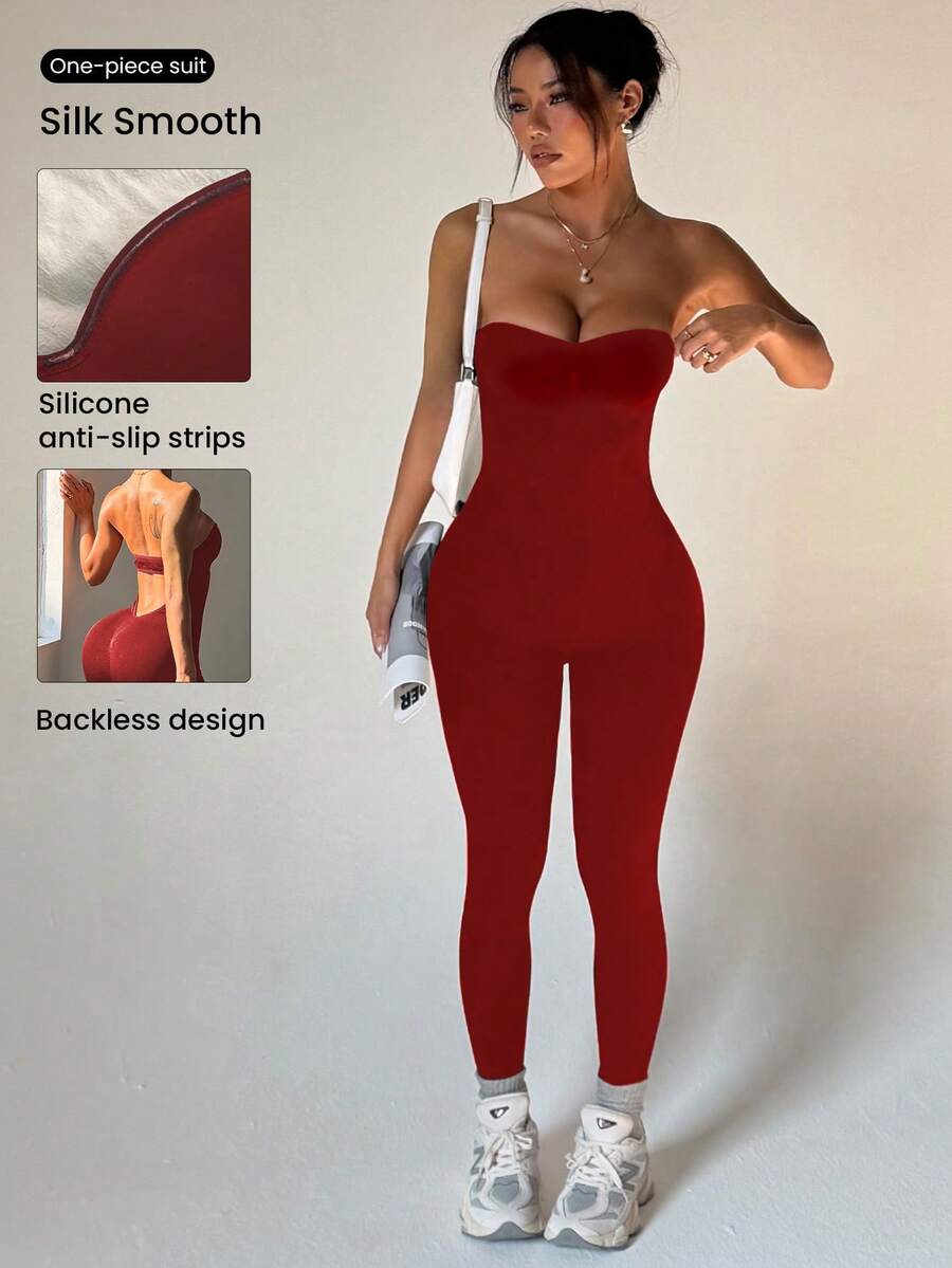 Dewbera Mono sin espalda sin costuras burdeos para mujer - Burdeos - Ver 1