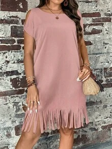 EMERY ROSE Đầm trễ vai màu trơn dáng rộng, cỡ lớn, có tua rua ở gấu váy. - Màu Hồng  San hô - Xem 4