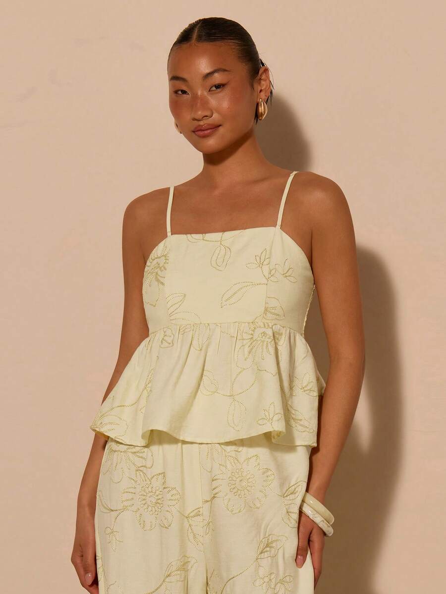 COSMINA 女士优雅休闲度假黄色刺绣吊带背心套装 - 黃色 - 查看 1