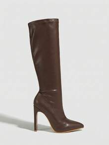 Daringsoles Giày bốt nữ mũi nhọn, gót dày, ôm sát, chất liệu da PU co giãn, gợi cảm, khóa kéo bên hông, thích hợp cho mùa thu đông, phong cách avant-garde, dự tiệc, đi làm. - Màu nâu 1 - Xem 4