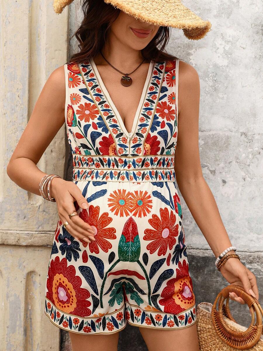 SHEIN 孕妇夏季度假休闲碎花无袖连体衣 - 彩色 - 查看 1