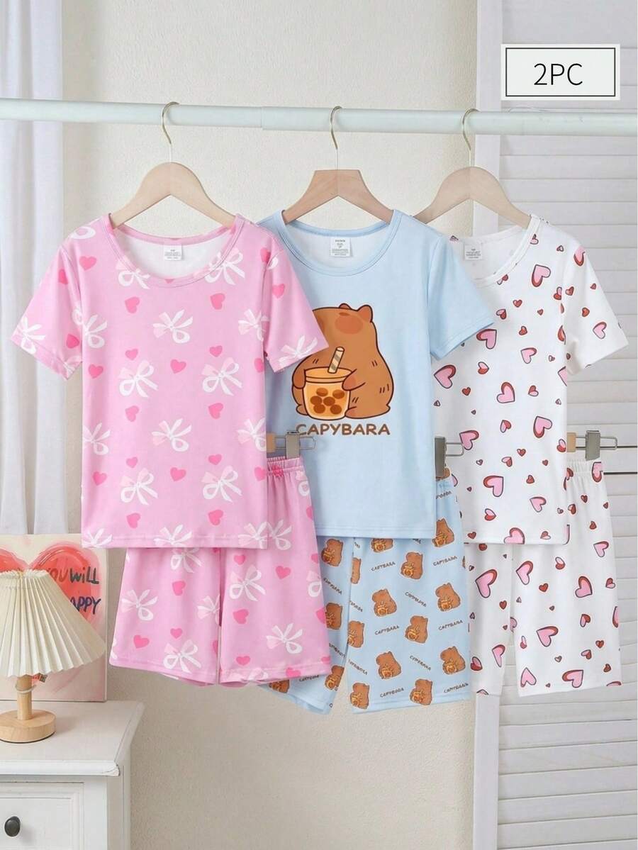 Snug Fit Teen Girls 2 Pieces Cartoon Capybara Short Sleeve Top And Shorts Pajama Set, Tight Pajamas Summer Suitable Sweet Girly Style Cute And Comfortable 2026 New Resort Atmosphere Relaxed And Comfortable Girl Outfit Set Girls' Children's Clothing Snug Fit - Blue - View 1