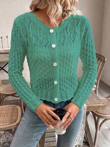EMERY ROSE Women's Round Neck Hollow Front Button Cardigan, Autumn/Winter Knitted Sweater Jacket - Mint Green - View 5