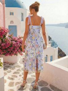 Loomaby Elegant Maternity Sky Blue Floral Embroidered Mesh Strap Dress For Summer Holiday Photoshoot Gender Reveal Baby Shower Santorini Cruise Vacation - Multicolor - View 2