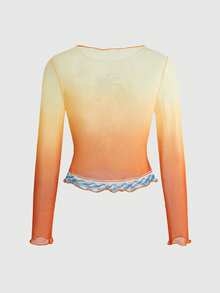 ROMWE Avant Women's Vacation Style Ombre Palm Tree Sunset Print Sheer Blouse - Yellow - View 2