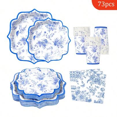 Bộ đồ ăn dùng một lần bằng sứ màu xanh dương và trắng hình vuông, họa tiết cánh hoa, bao gồm đĩa, khăn ăn và cốc giấy, phù hợp cho 16 khách, thích hợp cho sinh nhật, đám cưới, tiệc theo chủ đề, dã ngoại gia đình.