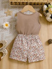 SHEIN Vintaside Kids 2件套女婴心形碎花无袖上衣和短裤套装，夏季 - 棕色 - 查看 2