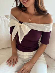 DAZY Women's Off Shoulder Contrast Color Bow Decor Fitted Short Sleeve T-Shirt Summer Going Out Tops - Purple - View 8