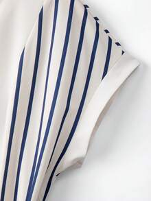 GlowEve Đầm nữ màu xanh sọc in kỹ thuật số, phối họa tiết, cổ chữ V, tay áo lệch vai, thắt eo, dáng chữ A rộng rãi, xẻ tà, thanh lịch, thích hợp đi làm hoặc đi nghỉ mát, mùa xuân/hè. - Màu be - Xem 5