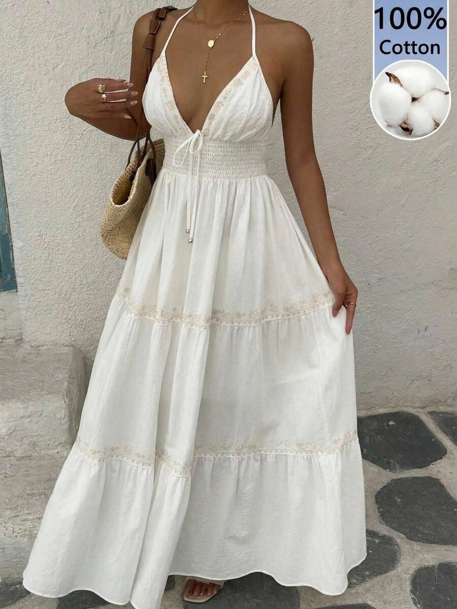 SHEIN EZwear Vestido halter de verano de mujer tejido en blanco para vacaciones - Blanco - Ver 1