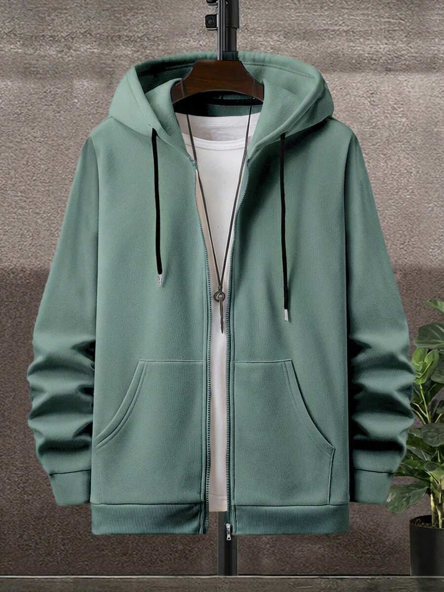 EURMUSE Cotton Men Zip Up Drawstring Hoodie Without Tee - Dark Green - View 1