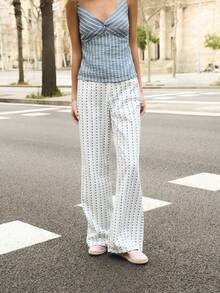 Nöista High-Waisted Denim Pants 4 Pockets, Feature A Vertical Print Stripe Pattern With A Flared Leg Design. Spring, Summer, Easter - Blue - View 4