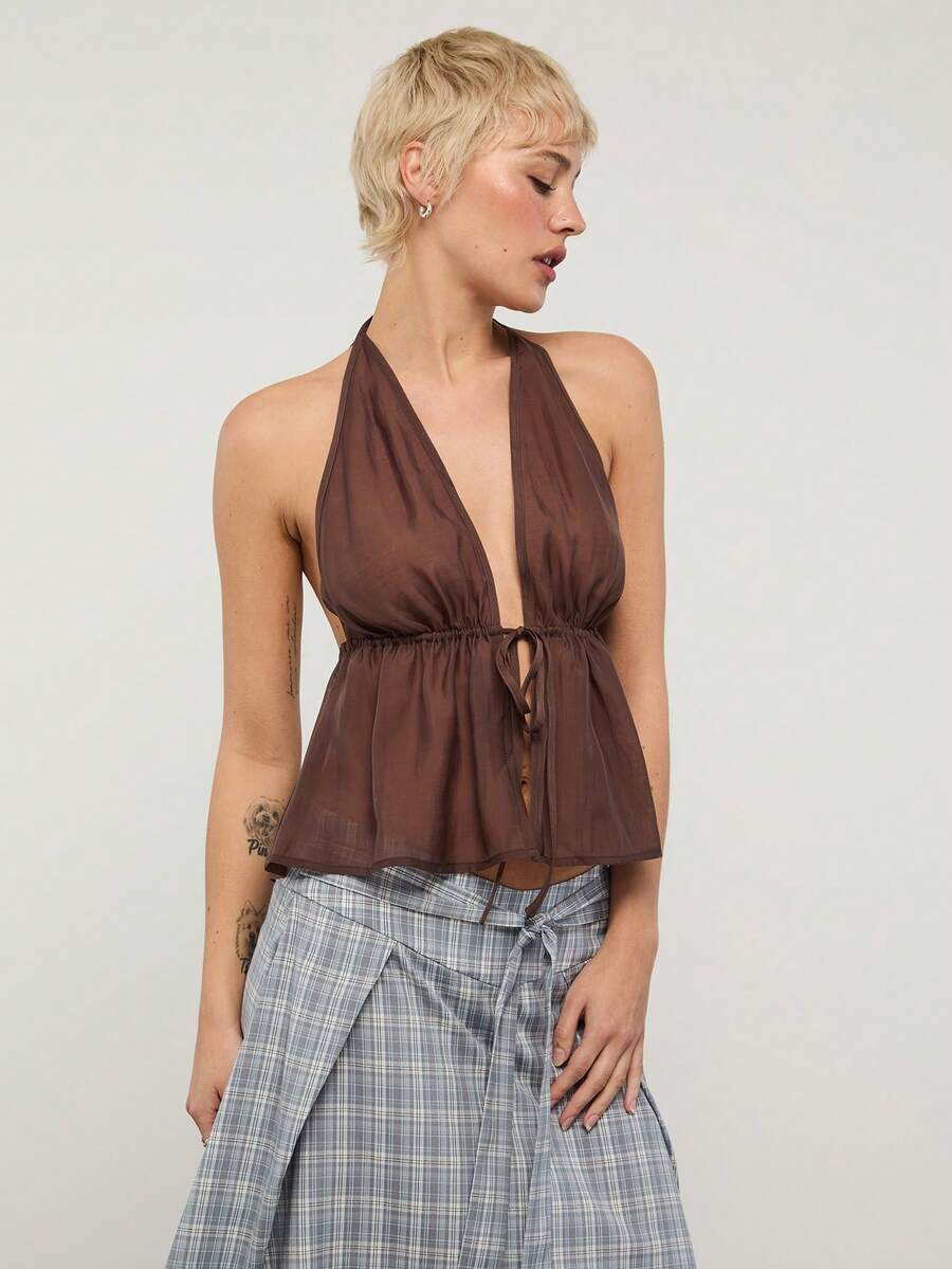 COUREZ Gebundenes transparentes Top / Y2K Sommerkleidung für Frauen, braune ärmellose Tops, Ausgehoutfit, Sommeroutfit, Konzertoutfit, Frühlingsoutfit für Frauen - Kaffeebraun - Übersicht 1